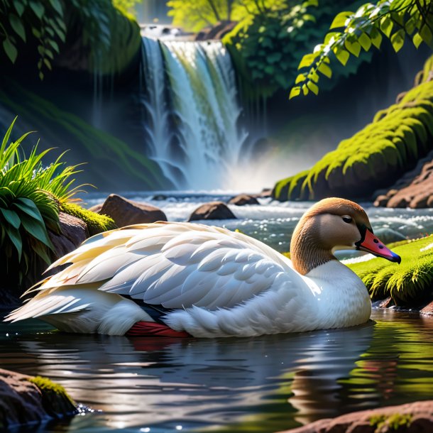 Pic of a sleeping of a goose in the waterfall