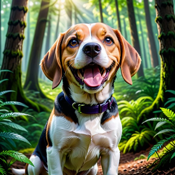 De um sorriso de um beagle na floresta