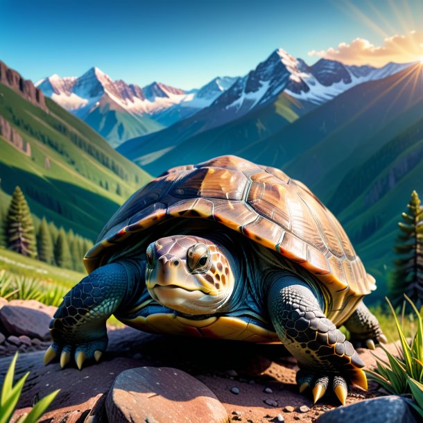 Pic of a turtle in a jeans in the mountains