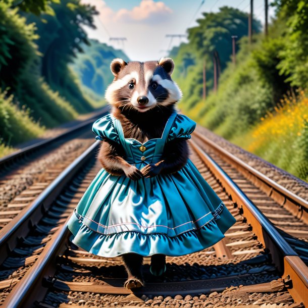 Photo of a badger in a dress on the railway tracks