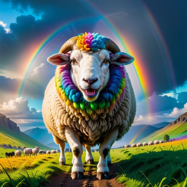 Picture of a angry of a sheep on the rainbow