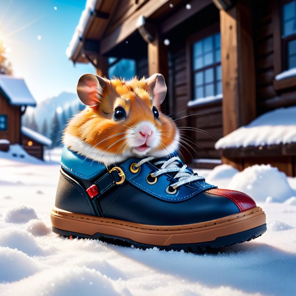 Photo of a hamster in a shoes in the snow