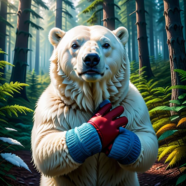 Image of a polar bear in a gloves in the forest