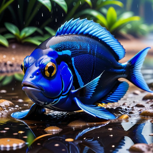 Pic of a blue tang in a gloves in the puddle