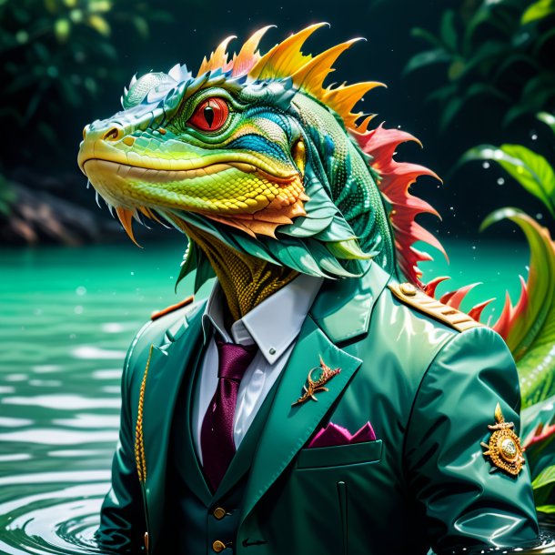 Picture of a basilisk in a jacket in the water