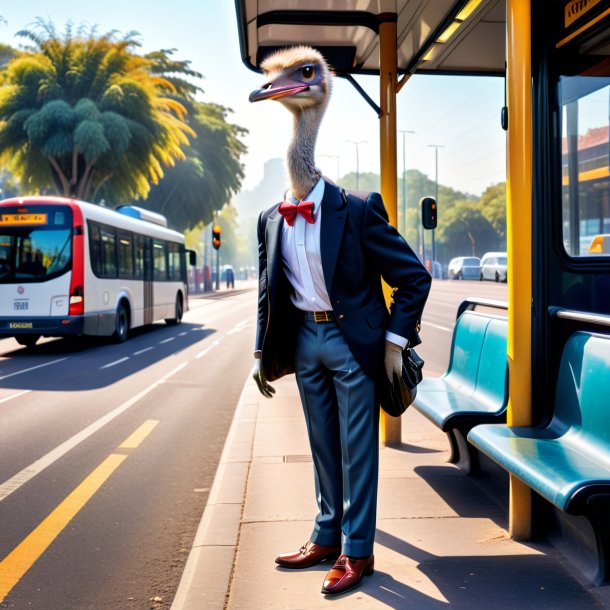 Pic of a ostrich in a trousers on the bus stop