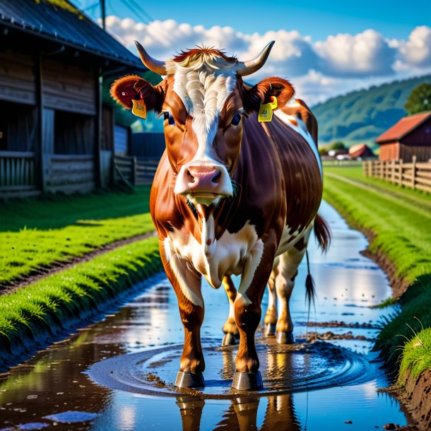 Foto de una vaca en un cinturón en el charco