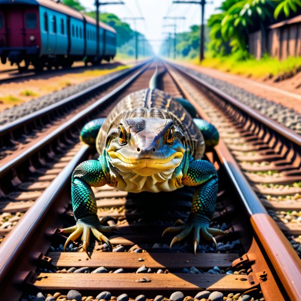 Photo of a swimming of a monitor lizard on the railway tracks