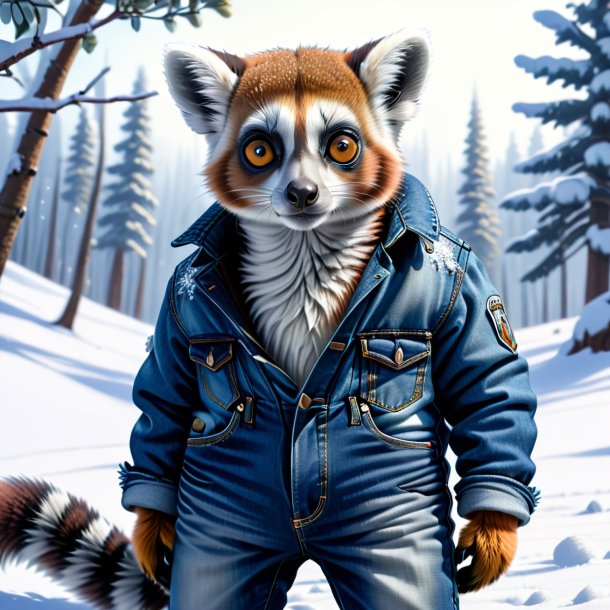 Drawing of a lemur in a jeans in the snow