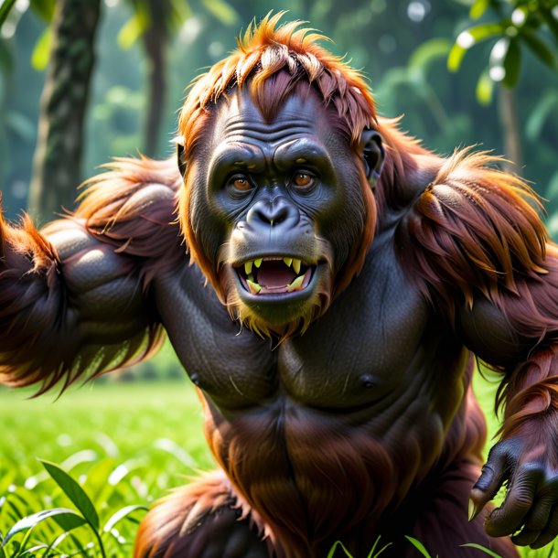 Picture of a threatening of a orangutan on the field