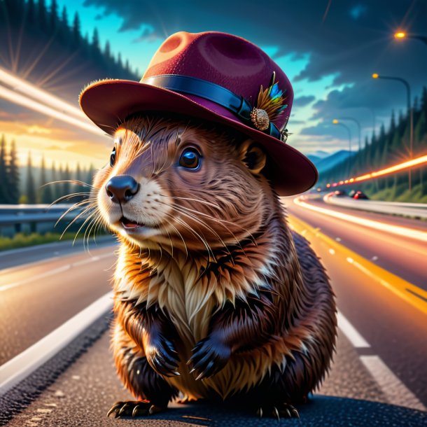 Drawing of a beaver in a hat on the highway