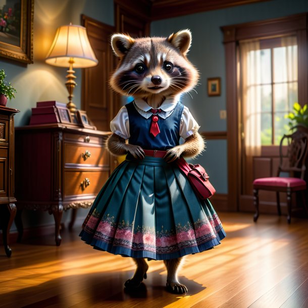 Picture of a raccoon in a skirt in the house