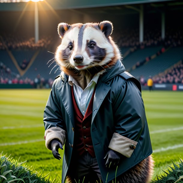 Pic of a badger in a coat on the field