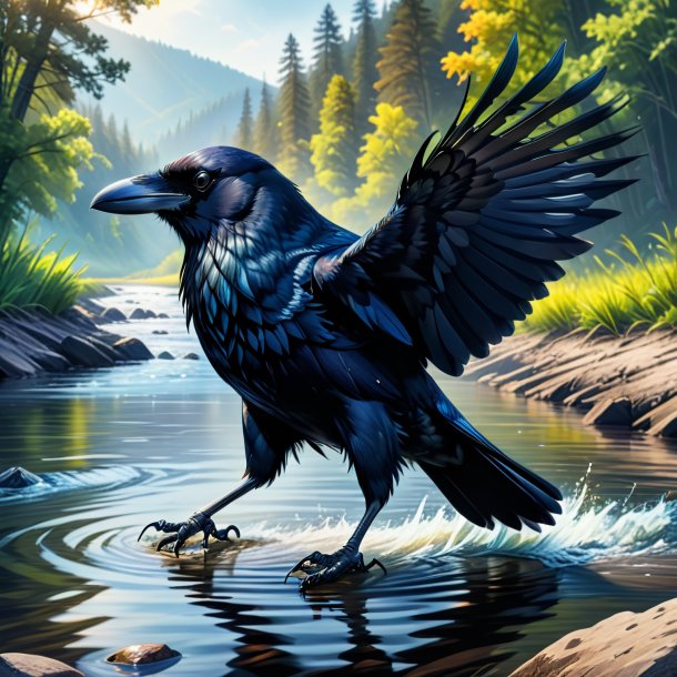 Drawing of a crow in a jeans in the river