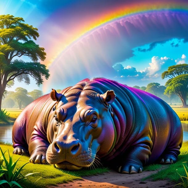 Image d'un sommeil d'un hippopotame sur l'arc-en-ciel