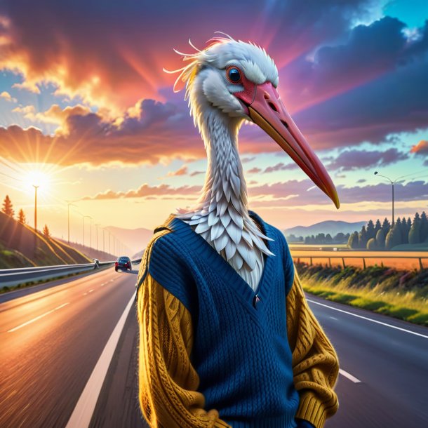 Picture of a stork in a sweater on the highway