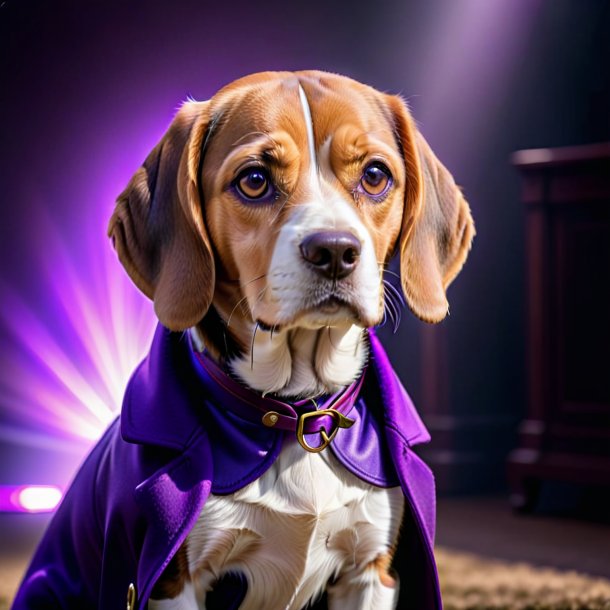 Foto de un beagle en un abrigo púrpura