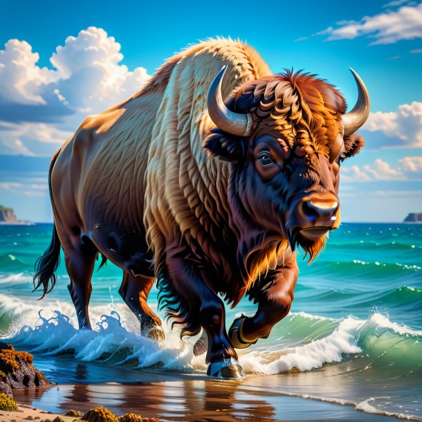 Picture of a bison in a skirt in the sea