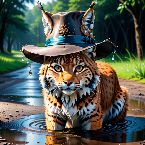 Drawing of a lynx in a hat in the puddle