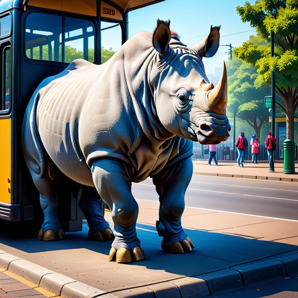 Picture of a rhinoceros in a jeans on the bus stop