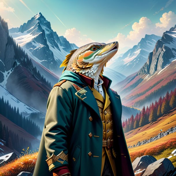 Illustration of a pike in a coat in the mountains