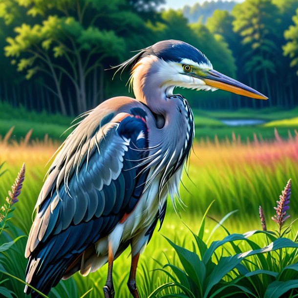 Illustration of a heron in a hoodie in the meadow