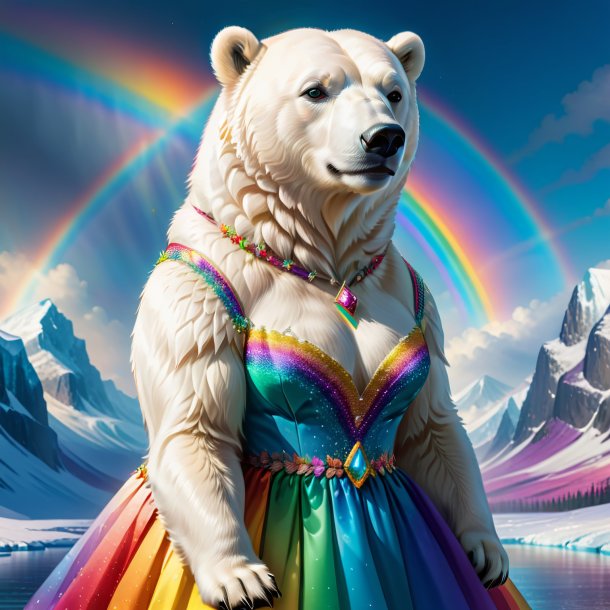 Illustration of a polar bear in a dress on the rainbow