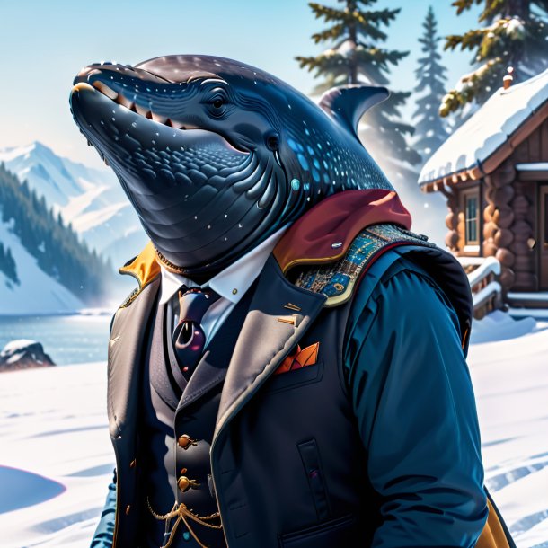 Pic of a whale in a vest in the snow