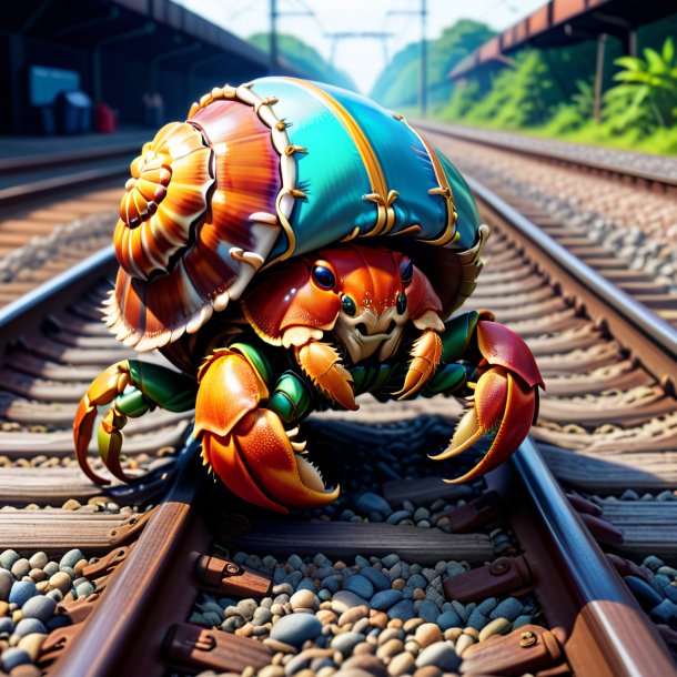 Illustration of a hermit crab in a shoes on the railway tracks