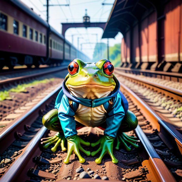 Foto de una rana en guantes en las vías del tren