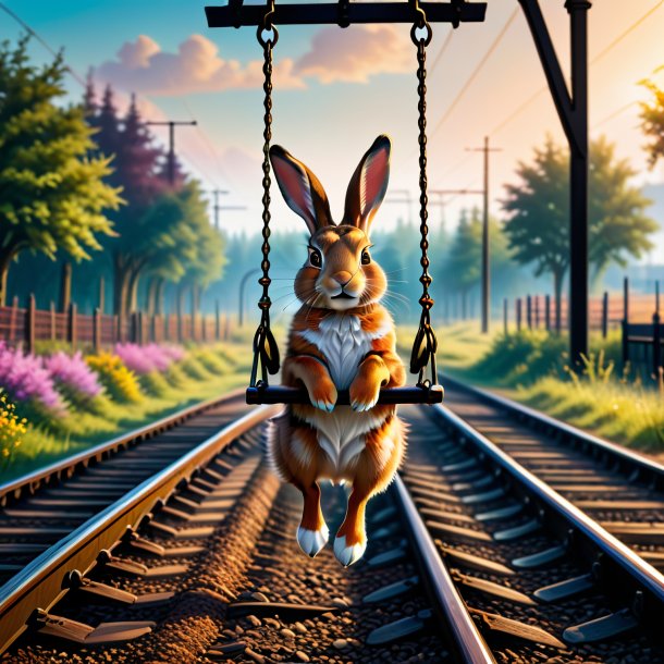 Image of a swinging on a swing of a hare on the railway tracks