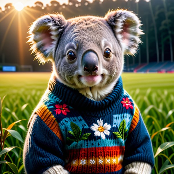 Foto de un koala en un suéter en el campo