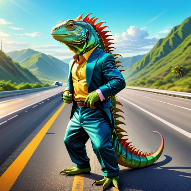 Illustration of a iguana in a trousers on the highway