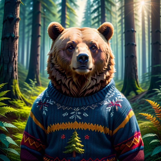 Pic of a bear in a sweater in the forest