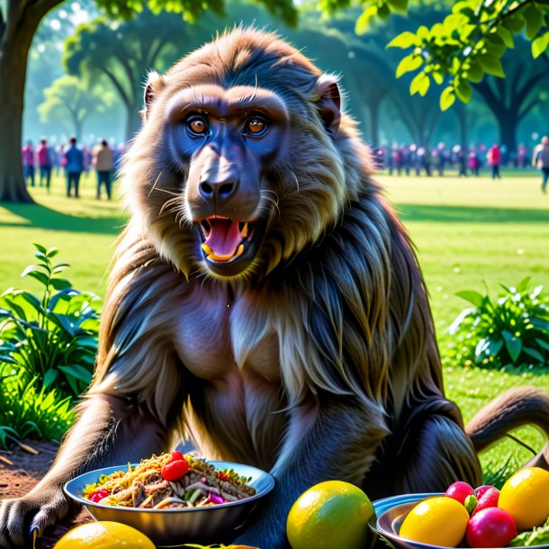 Imagem de um comer de um babuíno no parque