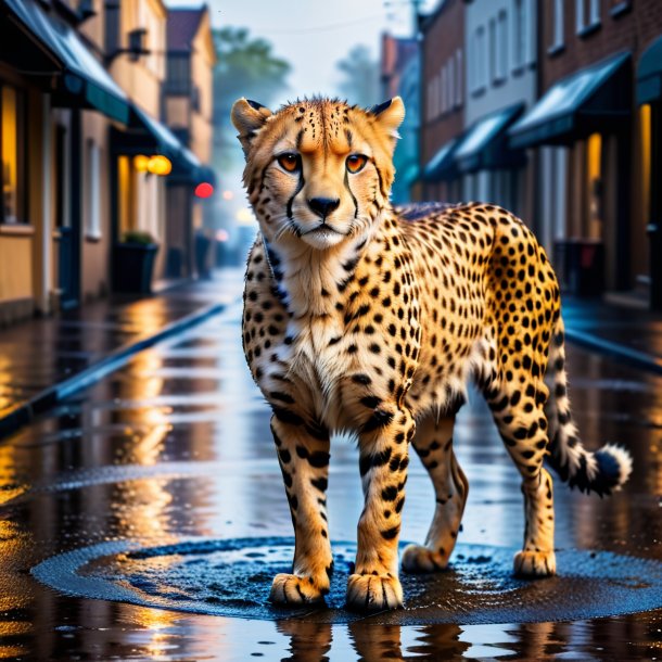 Photo of a cheetah in a coat in the puddle