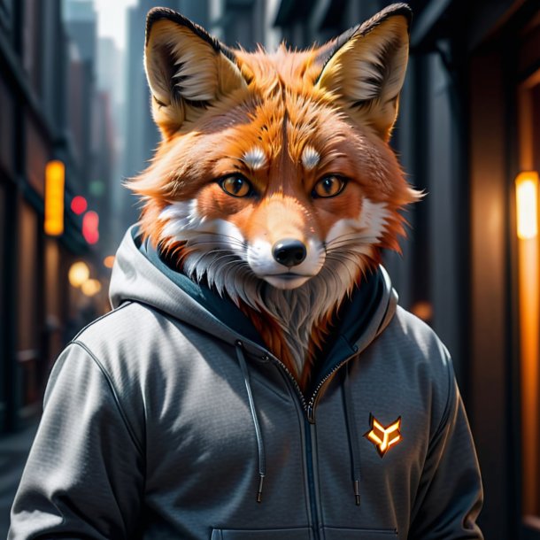 Picture of a fox in a gray hoodie