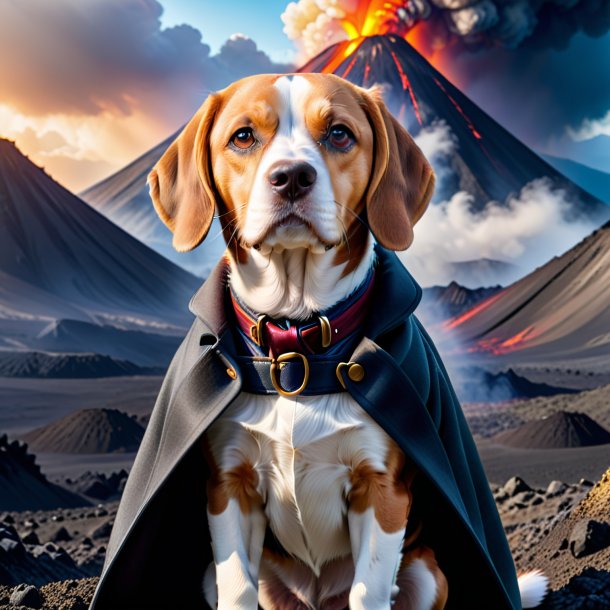 Photo of a beagle in a coat in the volcano