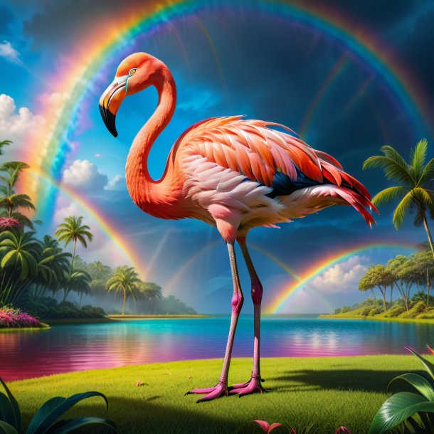 Image of a playing of a flamingo on the rainbow