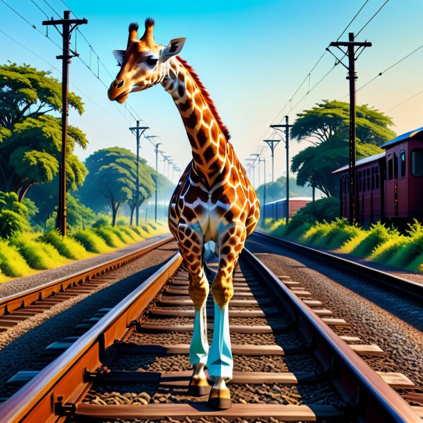 Ilustração de uma girafa em uma calça nos trilhos ferroviários