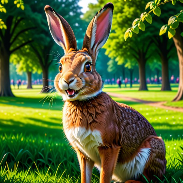 Image of a smiling of a hare in the park