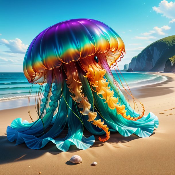 Illustration of a jellyfish in a coat on the beach