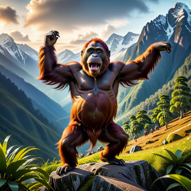 Photo of a dancing of a orangutan in the mountains