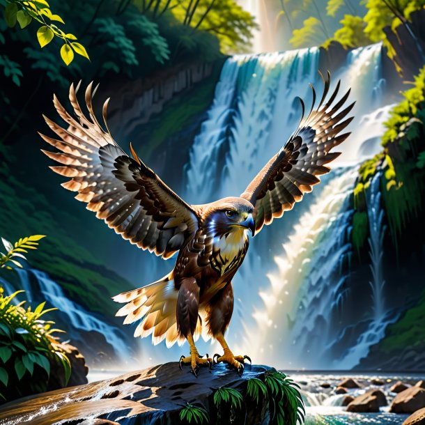 Photo of a dancing of a hawk in the waterfall