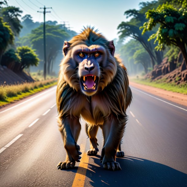 Pic d'une colère d'un babouin sur la route