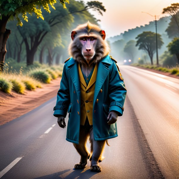 Picture of a baboon in a coat on the road