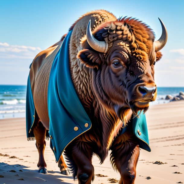 Picture of a bison in a coat on the beach