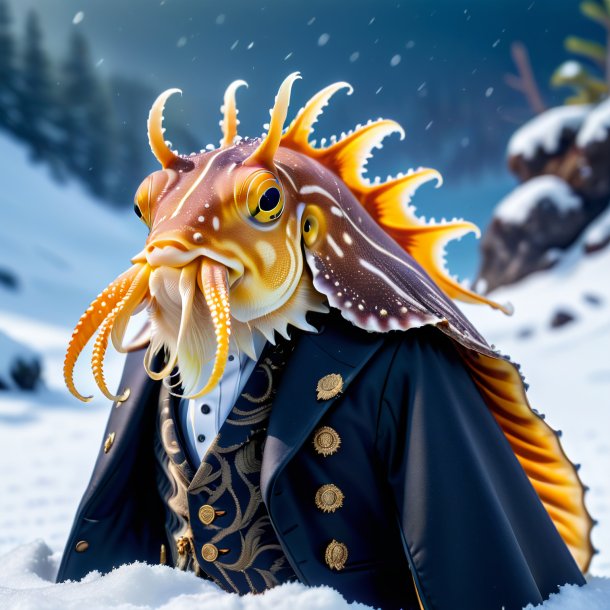 Picture of a cuttlefish in a vest in the snow