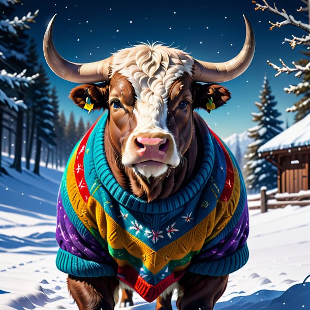 Drawing of a bull in a sweater in the snow