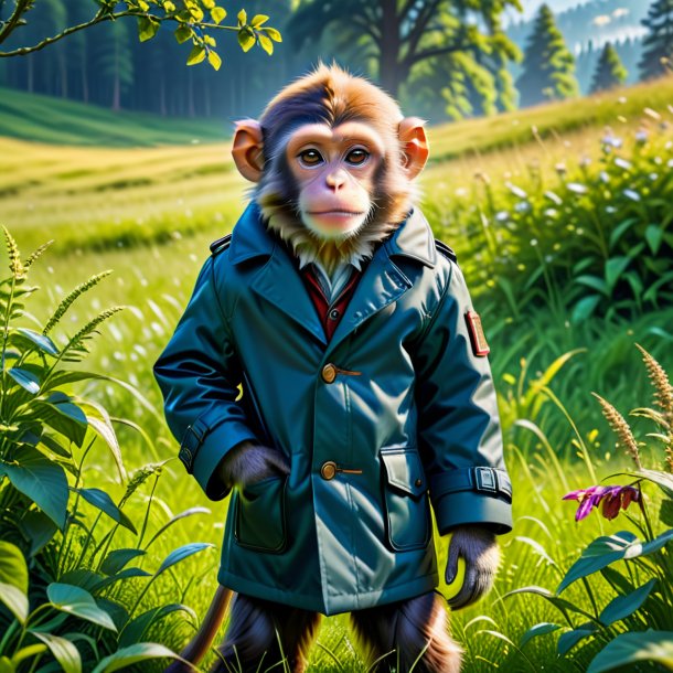 Image of a monkey in a coat in the meadow